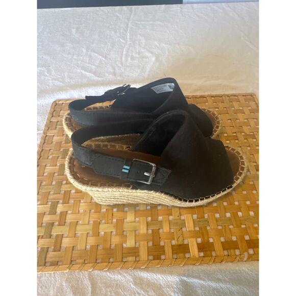 TOMS Women’s Black Canvas Espadrille Wedge Sandals Size 7.5 Peep Toe Ankle Strap - Picture 2 of 5